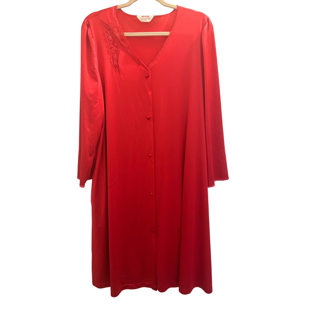Vintage Vanity Fair Red Nylon Button Front Robe Nightgown Lace Trim‎ L - Picture 2 of 13